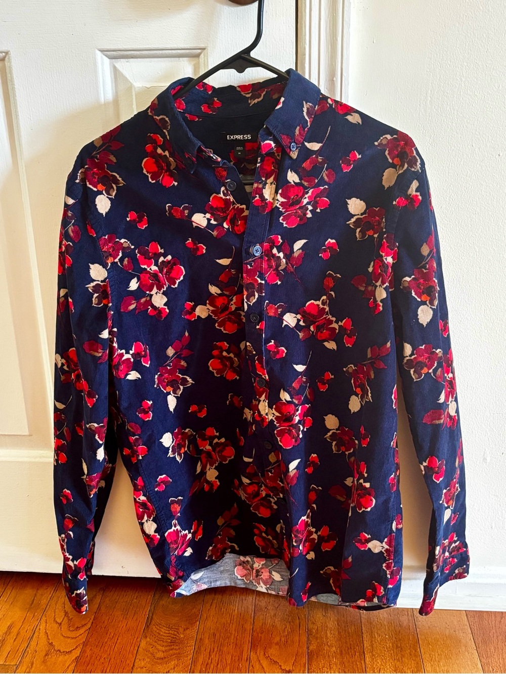Express Navy Floral Button-Down Shirt with Red and Cream Accents